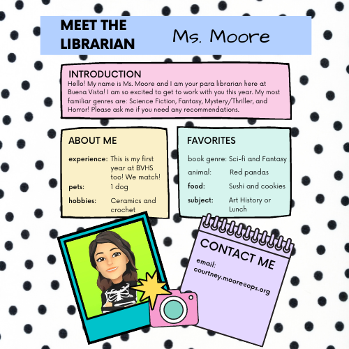 Introduction to Ms. Moore with interests and contact info.
